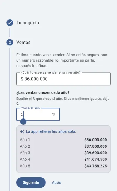 Paso 2 del asistente: ventas que crecen cada año