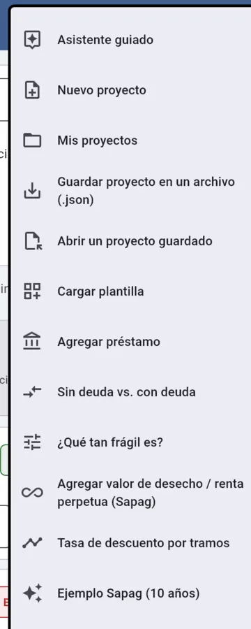 Menú con Mis proyectos y Guardar proyecto en un archivo